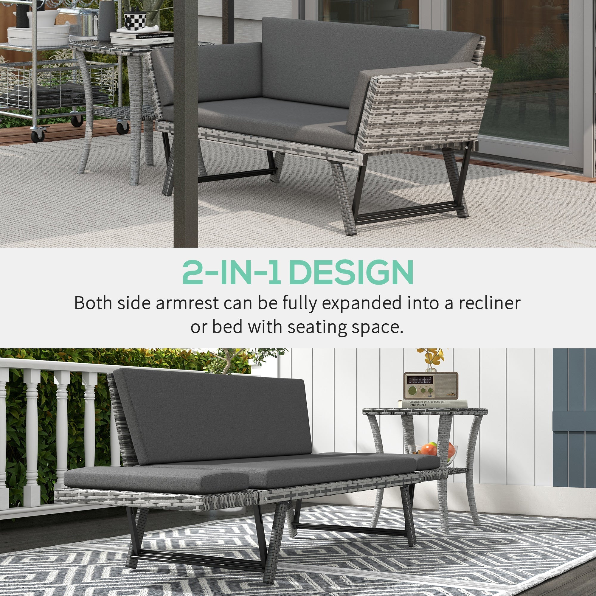 Outsunny 2 Seater Rattan Sofa with Cushions, 2-in-1 PE Rattan Daybed Sofa with Left Up or Down Armrests, Garden Chaise Lounger Loveseat for Outdoor, Patio, Mixed Grey